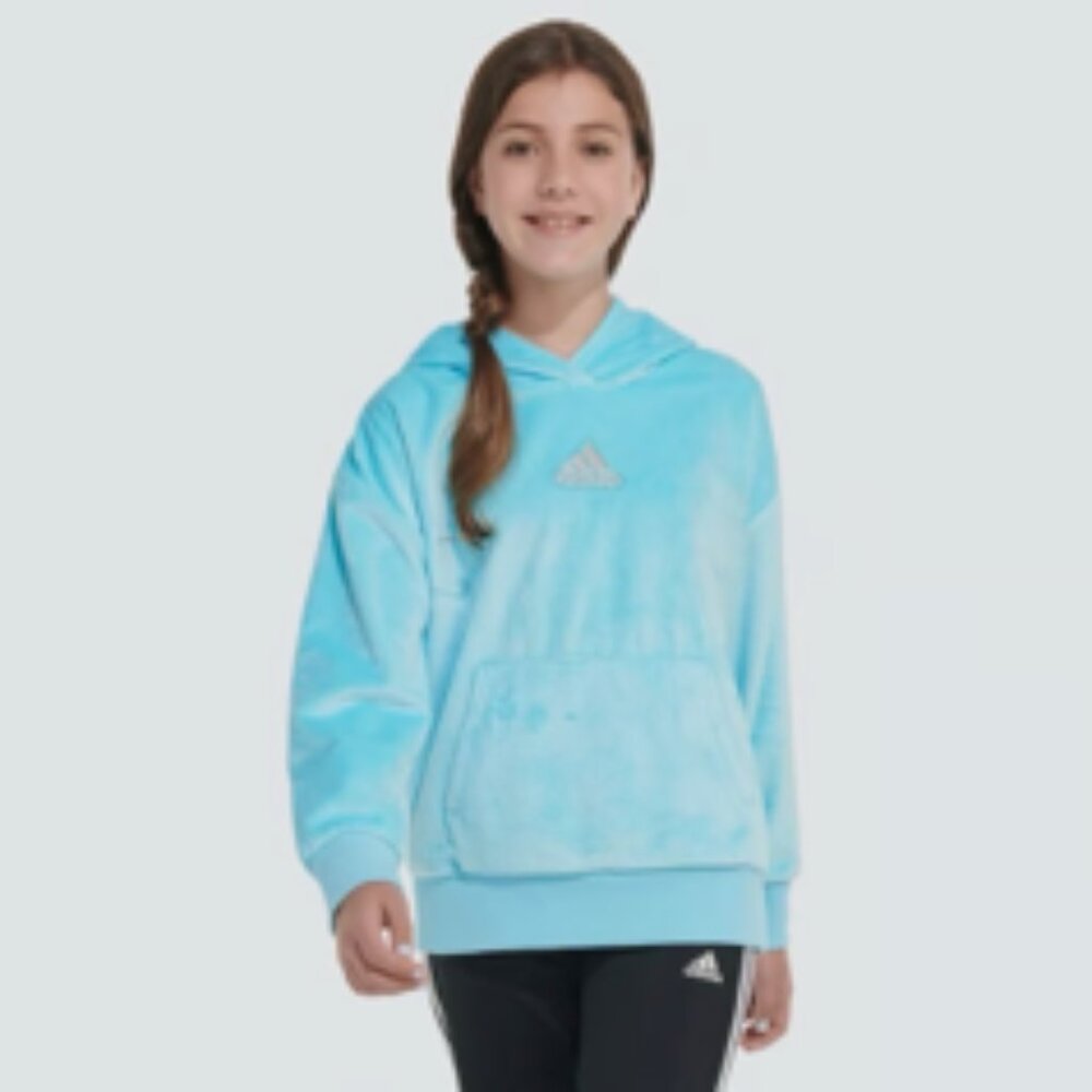 Girls' Adidas Plush Velour Hoodie Sweatshirt Sweat Shirt Blis Blue Sz XL/16 EUC
